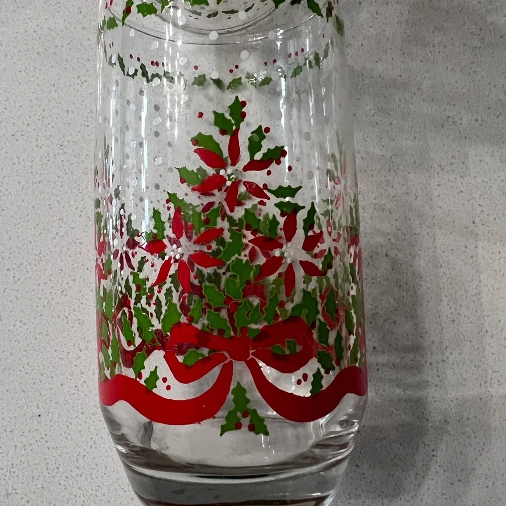 Vintage Christmas Holly Red Ribbon Texture Snow Drink Glasses 5” Set Of‎ 6